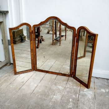 Late C19th figured walnut tryptic mirror