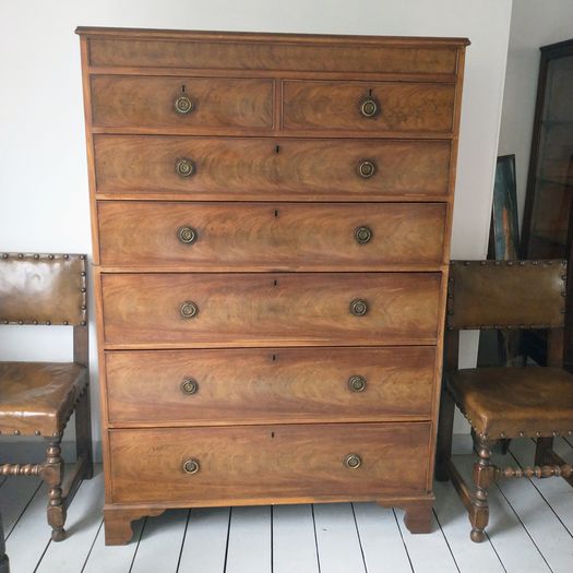 George III faded figured mahogany chest on chest