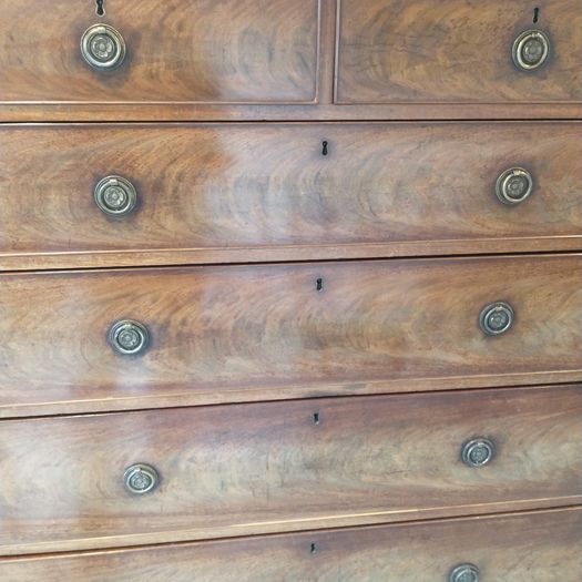 George III faded figured mahogany chest on chest