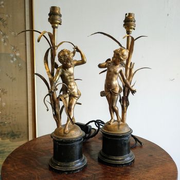 Pair C19th gilt bronze figural lamp conversions