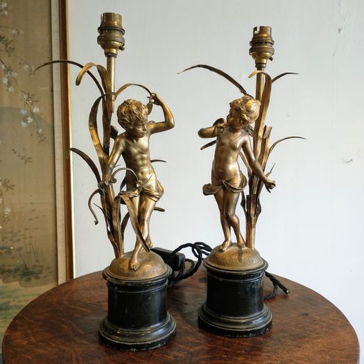 Pair C19th gilt bronze figural lamp conversions