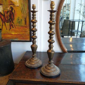 Pair vintage brass bobbin candlestick lamps