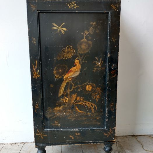 Antique black lacquer chinoiserie decorated cabinet