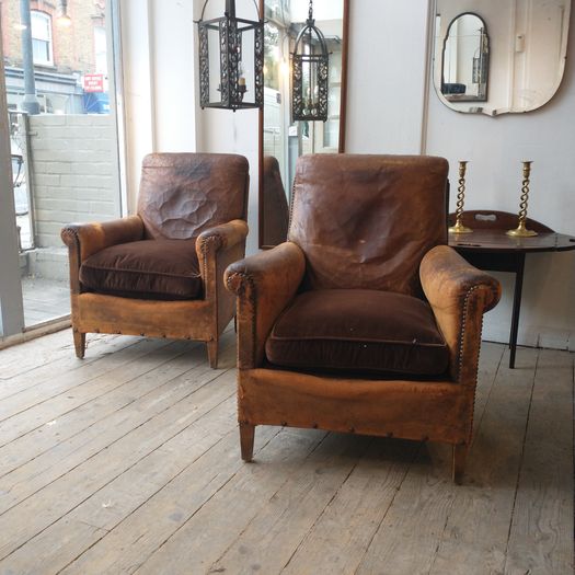 1920s leather armchairs, pair
