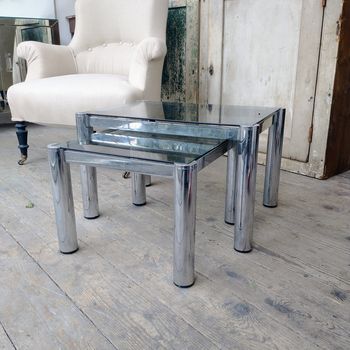70s tubular chrome and smoked glass side tables/ nest