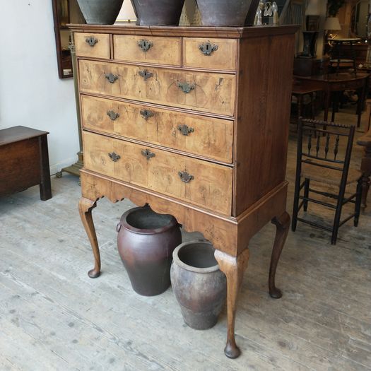 George II mid C18th burr walnut chest on stand