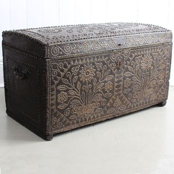 A Late 16th C Leather Bound Brass Studded Travelling Trunk