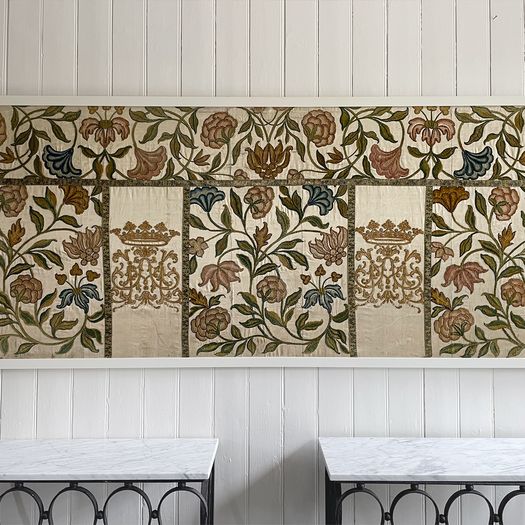 An 18th C Italian Framed Crewelwork Embroidered Panel with Crown & Monogram