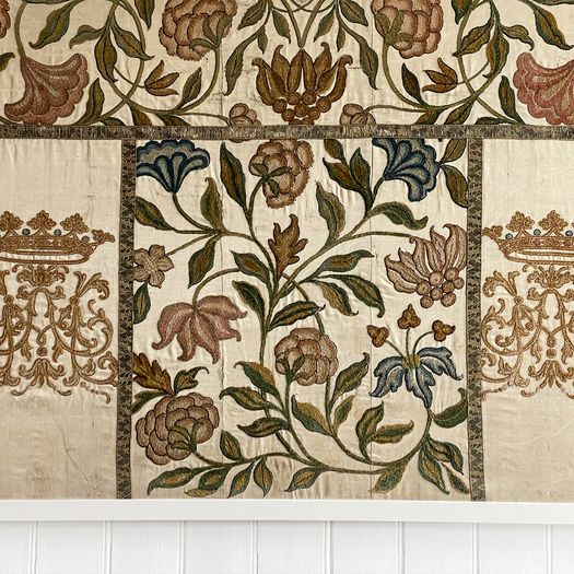 An 18th C Italian Framed Crewelwork Embroidered Panel with Crown & Monogram