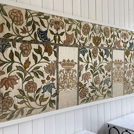 An 18th C Italian Framed Crewelwork Embroidered Panel with Crown & Monogram