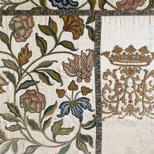An 18th C Italian Framed Crewelwork Embroidered Panel with Crown & Monogram