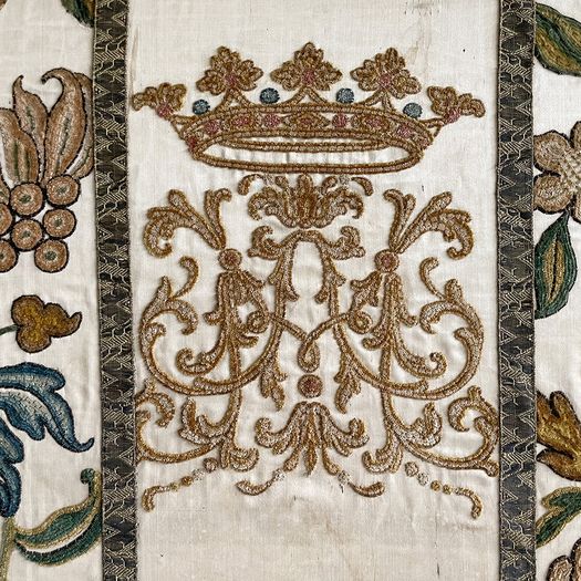 An 18th C Italian Framed Crewelwork Embroidered Panel with Crown & Monogram