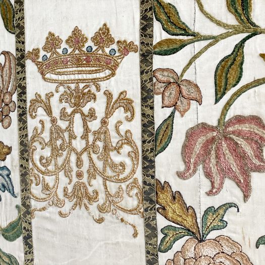 An 18th C Italian Framed Crewelwork Embroidered Panel with Crown & Monogram