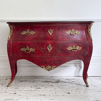 An 18th C French Red Painted Bombe Commode with Original Brass Handles