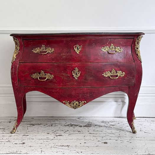 An 18th C French Red Painted Bombe Commode with Original Brass Handles