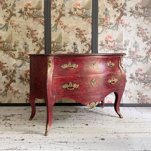 An 18th C French Red Painted Bombe Commode with Original Brass Handles