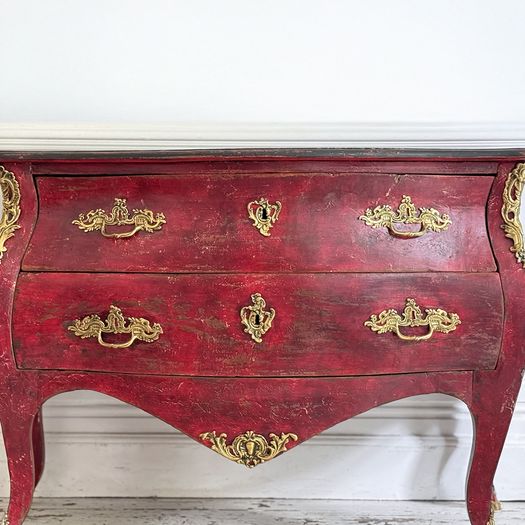 An 18th C French Red Painted Bombe Commode with Original Brass Handles