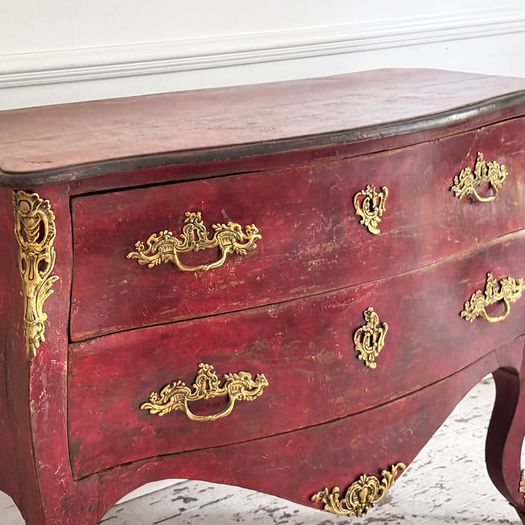 An 18th C French Red Painted Bombe Commode with Original Brass Handles