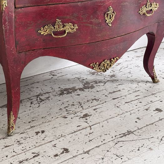 An 18th C French Red Painted Bombe Commode with Original Brass Handles