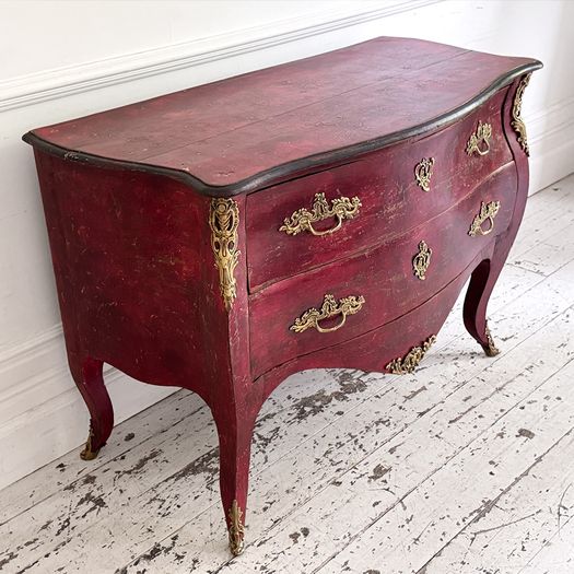An 18th C French Red Painted Bombe Commode with Original Brass Handles