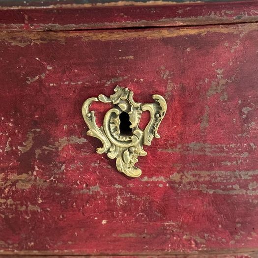 An 18th C French Red Painted Bombe Commode with Original Brass Handles