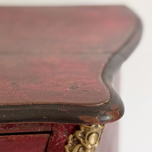 An 18th C French Red Painted Bombe Commode with Original Brass Handles