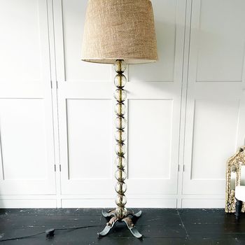 A 1950's Lieges Etched Glass Floor Light with Verdigris Tripod Base & Original Shade