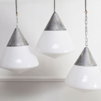 Six Large 1950's French Opaline & Aluminium Pendant Lights - Sold Individually
