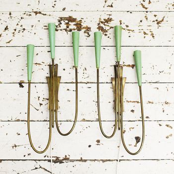 A Pair of Mid Century French Brass Wall Lights with Green Candleholders