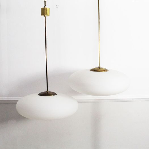 A Pair of Mid Century Stilnovo Opaline Glass & Brass Pendant Lights