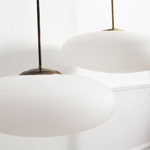 A Pair of Mid Century Stilnovo Opaline Glass & Brass Pendant Lights