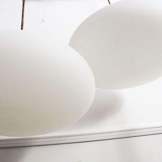 A Pair of Mid Century Stilnovo Opaline Glass & Brass Pendant Lights