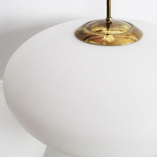 A Pair of Mid Century Stilnovo Opaline Glass & Brass Pendant Lights