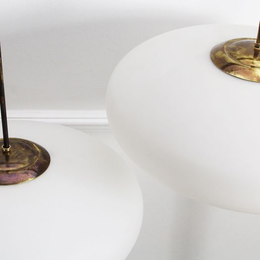 A Pair of Mid Century Stilnovo Opaline Glass & Brass Pendant Lights