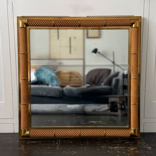 A 1970's French Sprial Carved Wood & Brass Plated Square Mirror