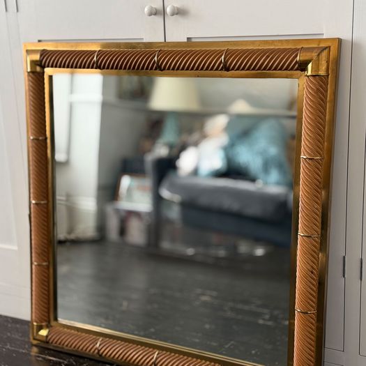 A 1970's French Sprial Carved Wood & Brass Plated Square Mirror