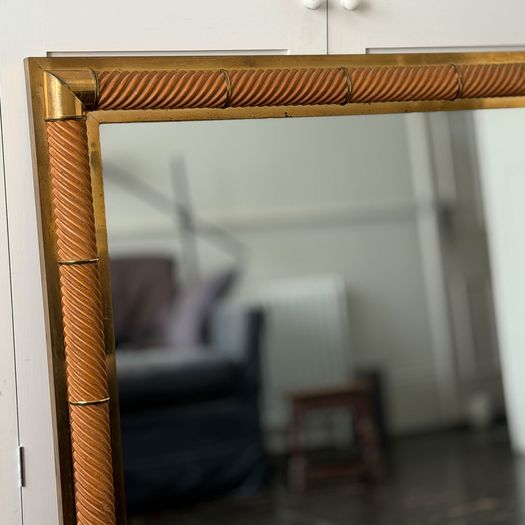 A 1970's French Sprial Carved Wood & Brass Plated Square Mirror