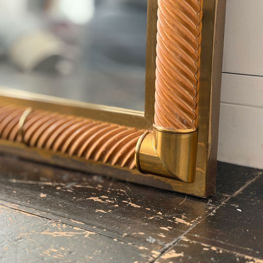 A 1970's French Sprial Carved Wood & Brass Plated Square Mirror