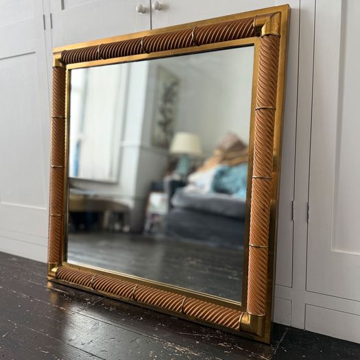 A 1970's French Sprial Carved Wood & Brass Plated Square Mirror
