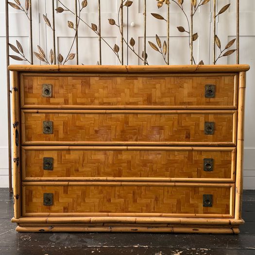 A 1960's Italian Woven Bamboo Chest of Drawers with Brass Handles