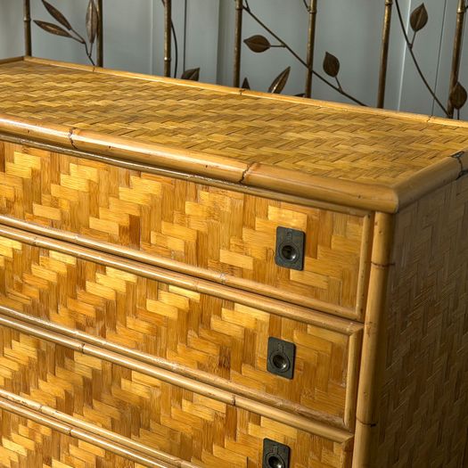 A 1960's Italian Woven Bamboo Chest of Drawers with Brass Handles