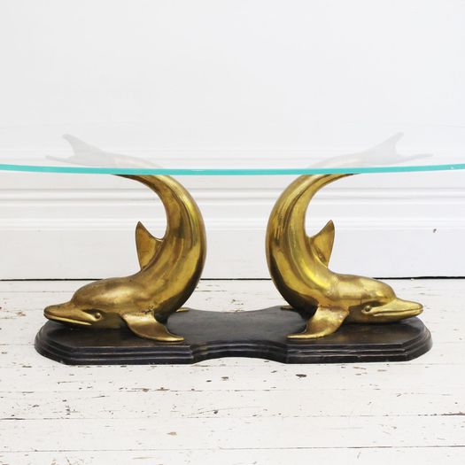 A 1970's Italian Bronze, Brass & Glass Coffee Table with Dolphin Base