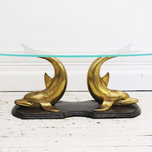 A 1970's Italian Bronze, Brass & Glass Coffee Table with Dolphin Base