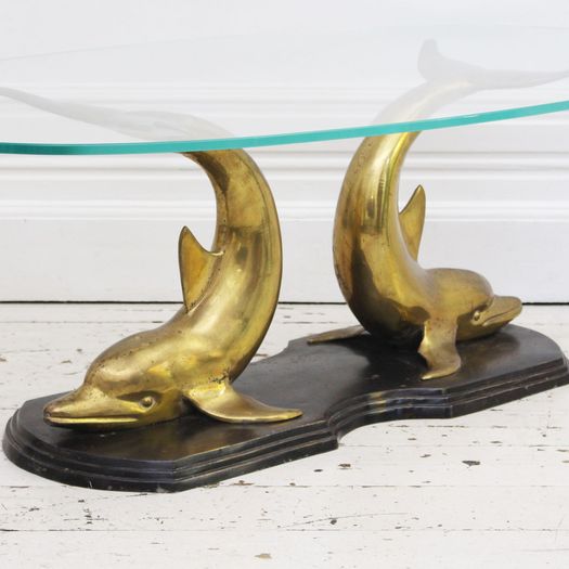 A 1970's Italian Bronze, Brass & Glass Coffee Table with Dolphin Base