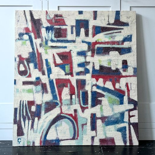 A 1970's Red Blue Beige Abstract Oil on Canvas from Florence School of Art