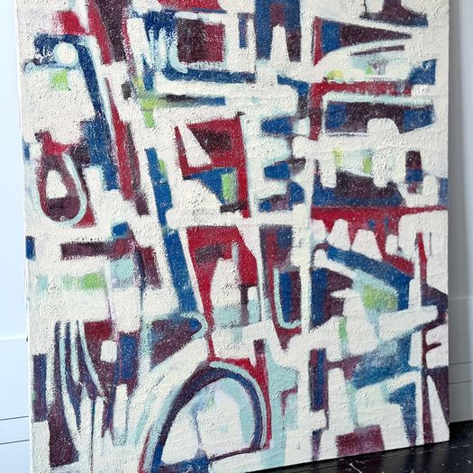 A 1970's Red Blue Beige Abstract Oil on Canvas from Florence School of Art