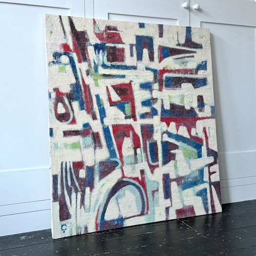 A 1970's Red Blue Beige Abstract Oil on Canvas from Florence School of Art