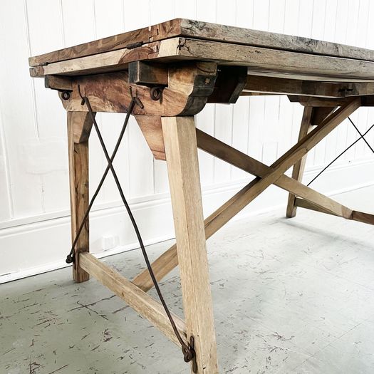 A Very Large French Applewood Artisan Made Drawer Leaf Dining Table - Seating 10-12