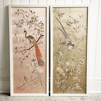 A Pair of Antique Hand Embroidered Silk Chinese Panels