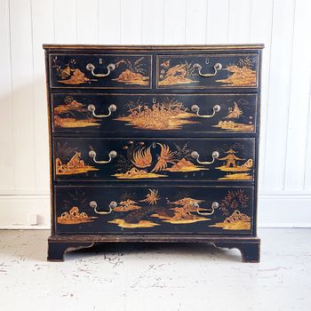 A 19th C Chinoiserie Ebonised Chest of Drawers with Red & Gilt Decoration